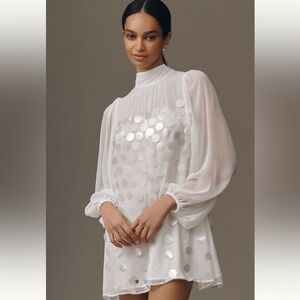 BHLDN White Sheer Long-Sleeve Mini Dress with Sequin Dots